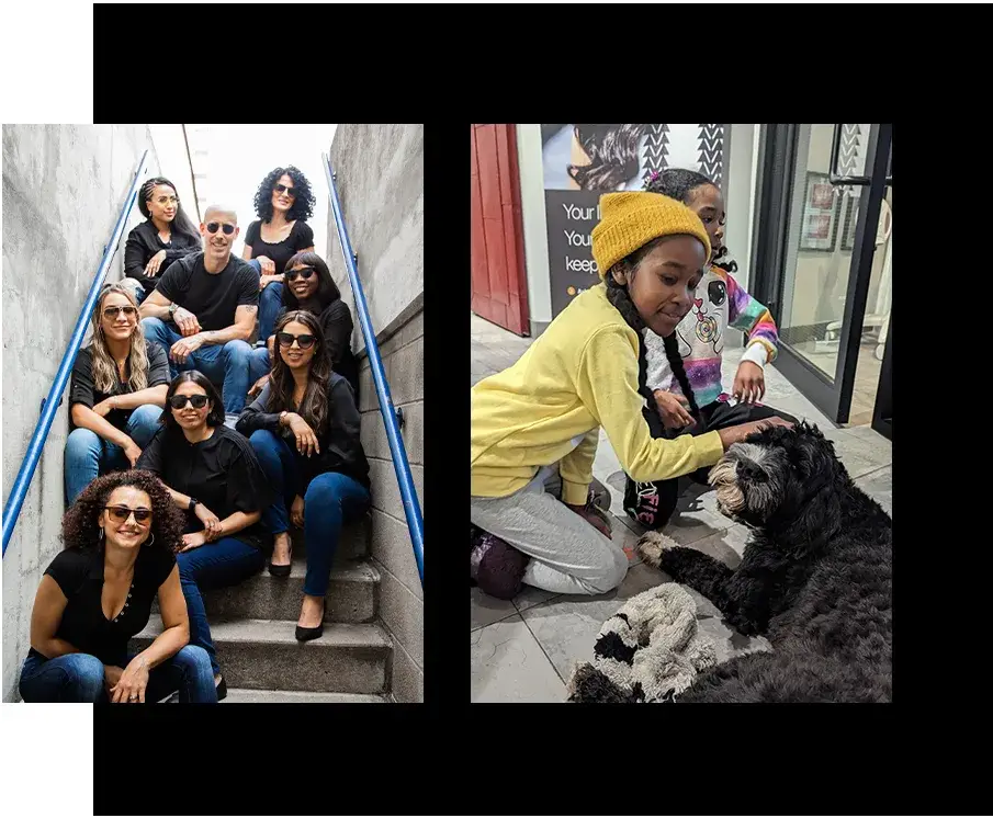 Belman Dental Centre team members and young visitors with Scout, the office dog